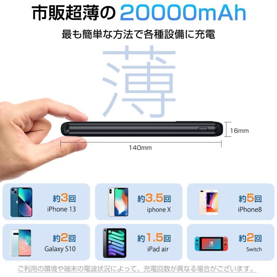 【人気商品】モバイルバッテリー 大容量 軽量 20000ｍAh 便利 超小型 軽量 急速充電 3台同時充電可能 LED残量表示 2USBポート USB-C入力ポート 充電器 持ち運び iPhone iPad Android対応 バッテリー 送料無料VA01