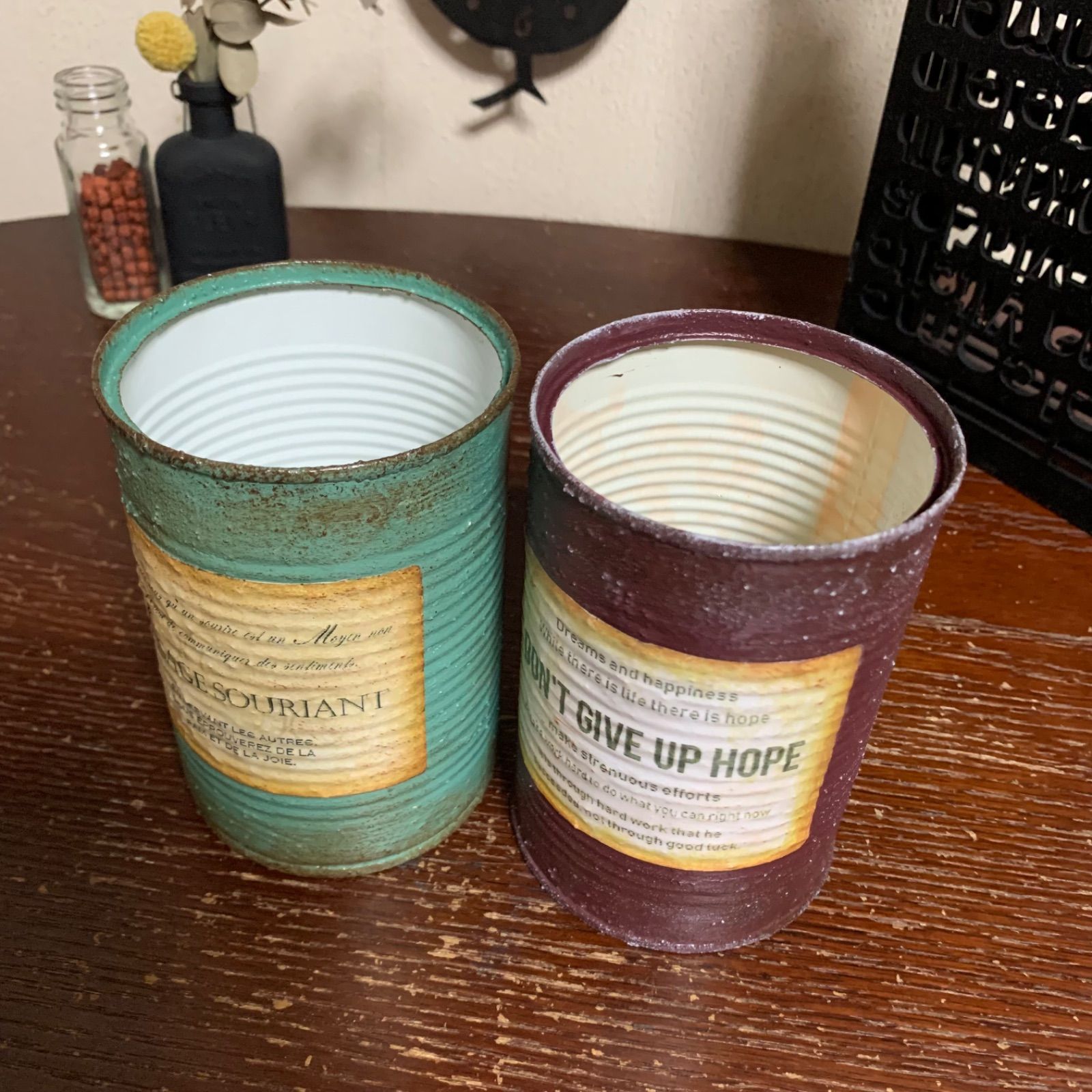 36.（トマト缶2個）リメイク缶　リメ缶　プランター　ガーデニング トマト缶 リメイク缶 2個セット (アンティークグリーン