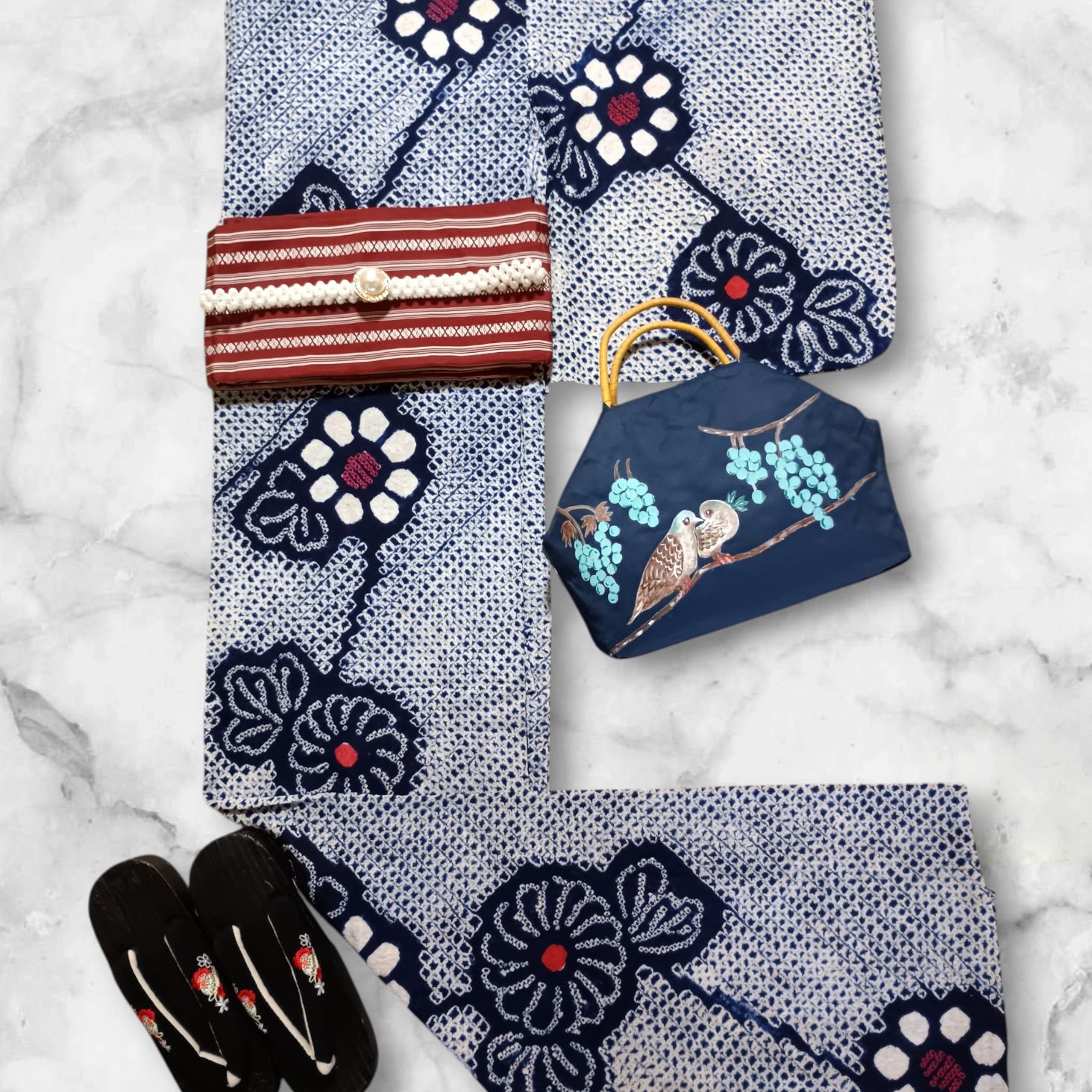 有松鳴海絞り 浴衣 伝統工芸 舞花繋ぎ文 肩当て付き ✨トールさん