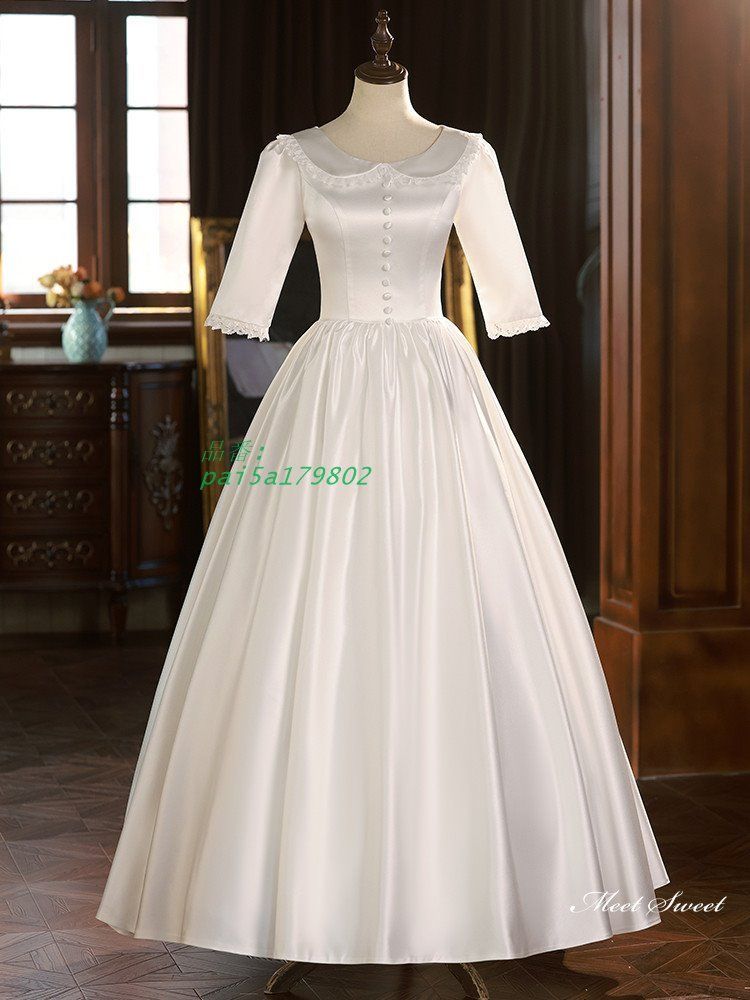 ウェディングドレス ロングドレス プリンセスドレス 丸襟 レトロ Aラインドレス サテン ウエディングドレス 前撮り ブライダル 結婚式 5分袖 花嫁 二次会 pai5a179802