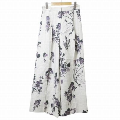 エブール ebure 24SS ナチュラルリネンフラワー ベルテッドパンツ ワイド 花柄 2タック ベージュ 38 M相当 IBO71 X