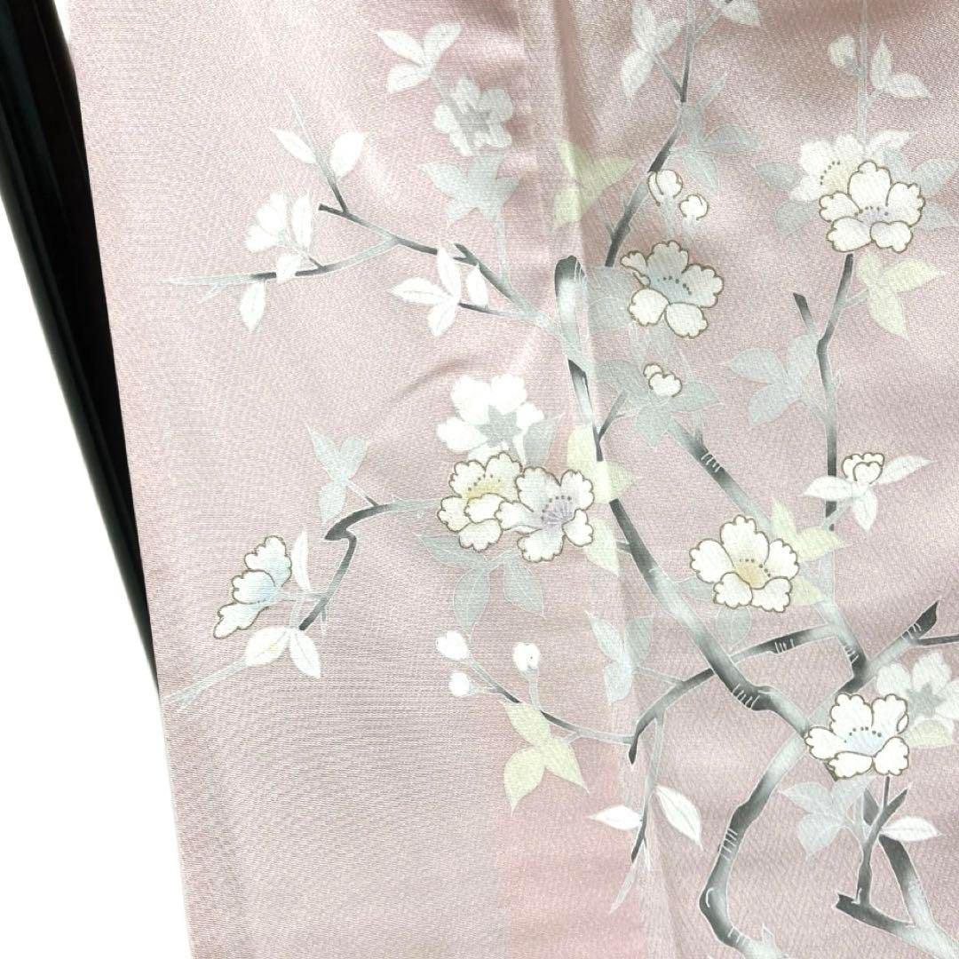付け下げ 単衣 桜 金彩 杉綾地紋 リーフ 紋無し着物 062a d