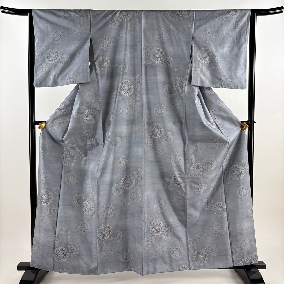 紬 身丈162cm 裄丈64.5cm M 袷 華文 青灰色 正絹 秀品