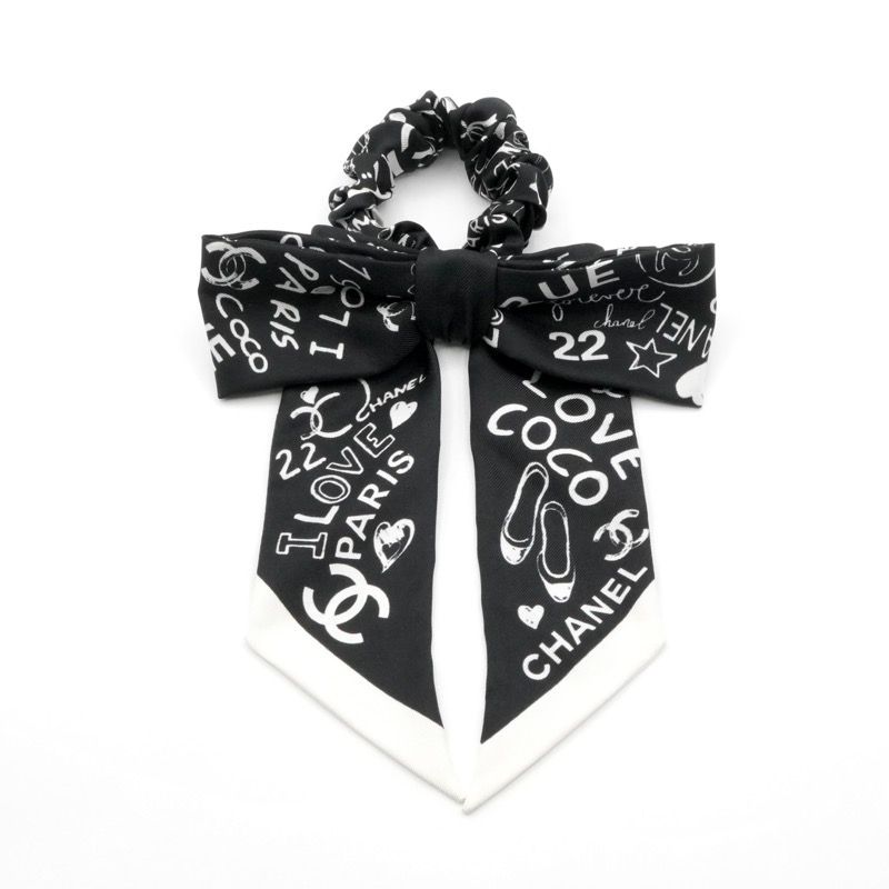 シャネル CHANEL ヘア シルク ブラック ホワイト ココマーク ロゴ リボン シュシュ ヘアゴム