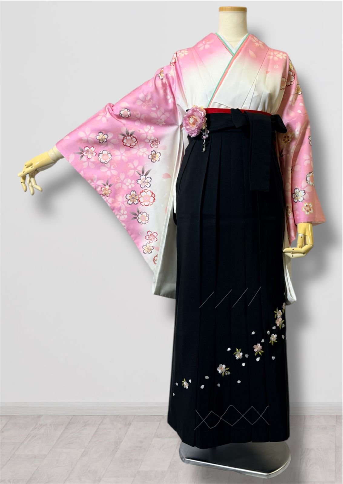 着物 袴 帯 3点セット 卒業袴 着物 袴 帯 二尺袖 仕立て上がり 3点セット 白 ピンク 黒 桜 刺繍 95-10