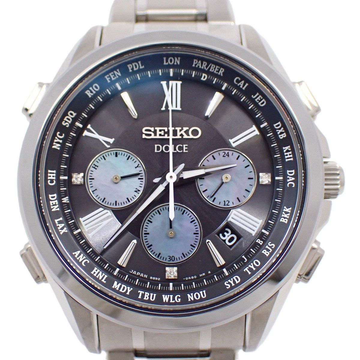 SEIKO セイコー ドルチェ ソーラー電波 クロノグラフ メンズ 腕時計 チタン 黒×ブルーシェル文字盤 SADA031 | 8B92-0AD0 いおき質店