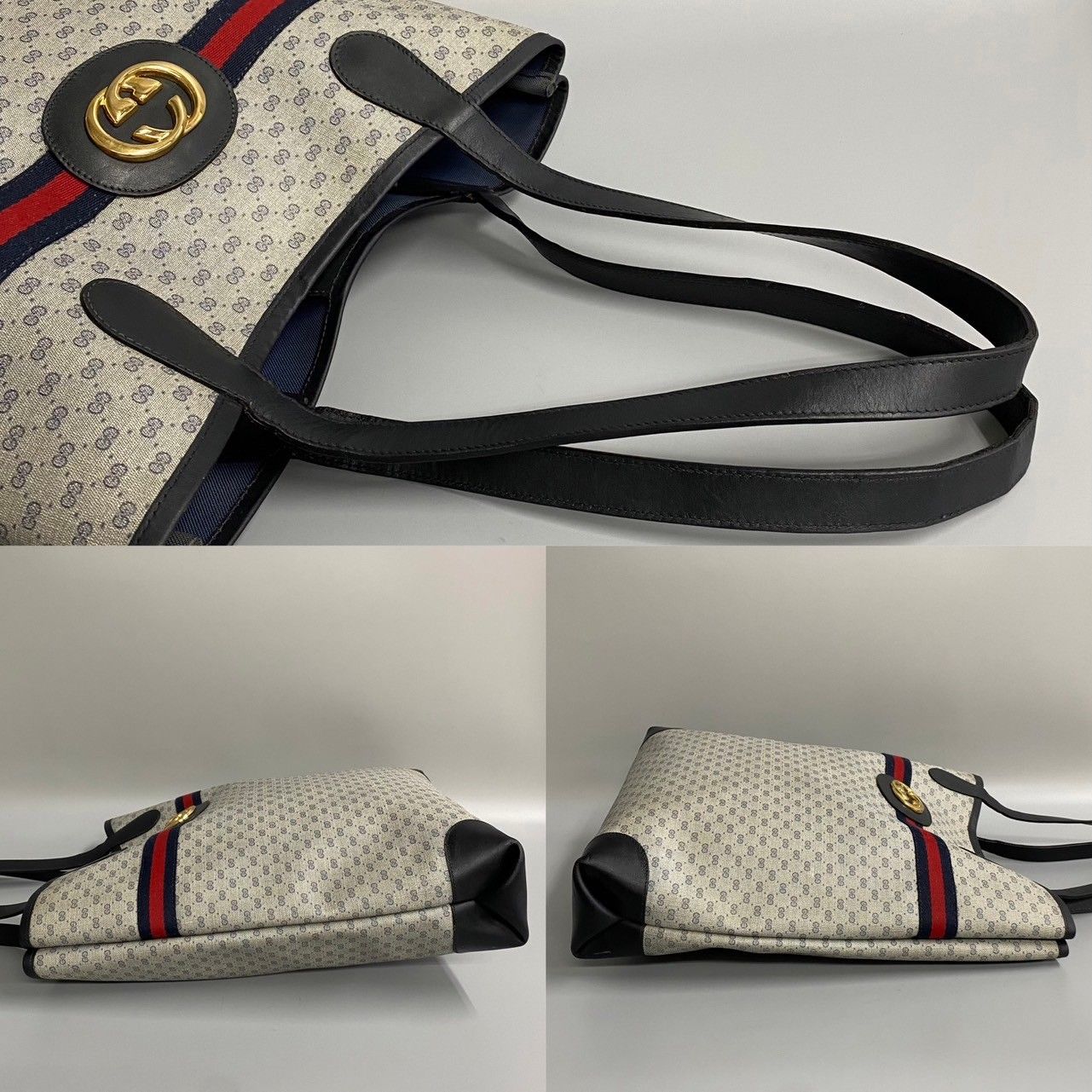 美品 GUCCI グッチ オールドグッチ シェリーライン マイクロGG ロゴ 金具 レザー トートバッグ ハンドバッグ A4収納可能 ネイビー  24746 - メルカリ