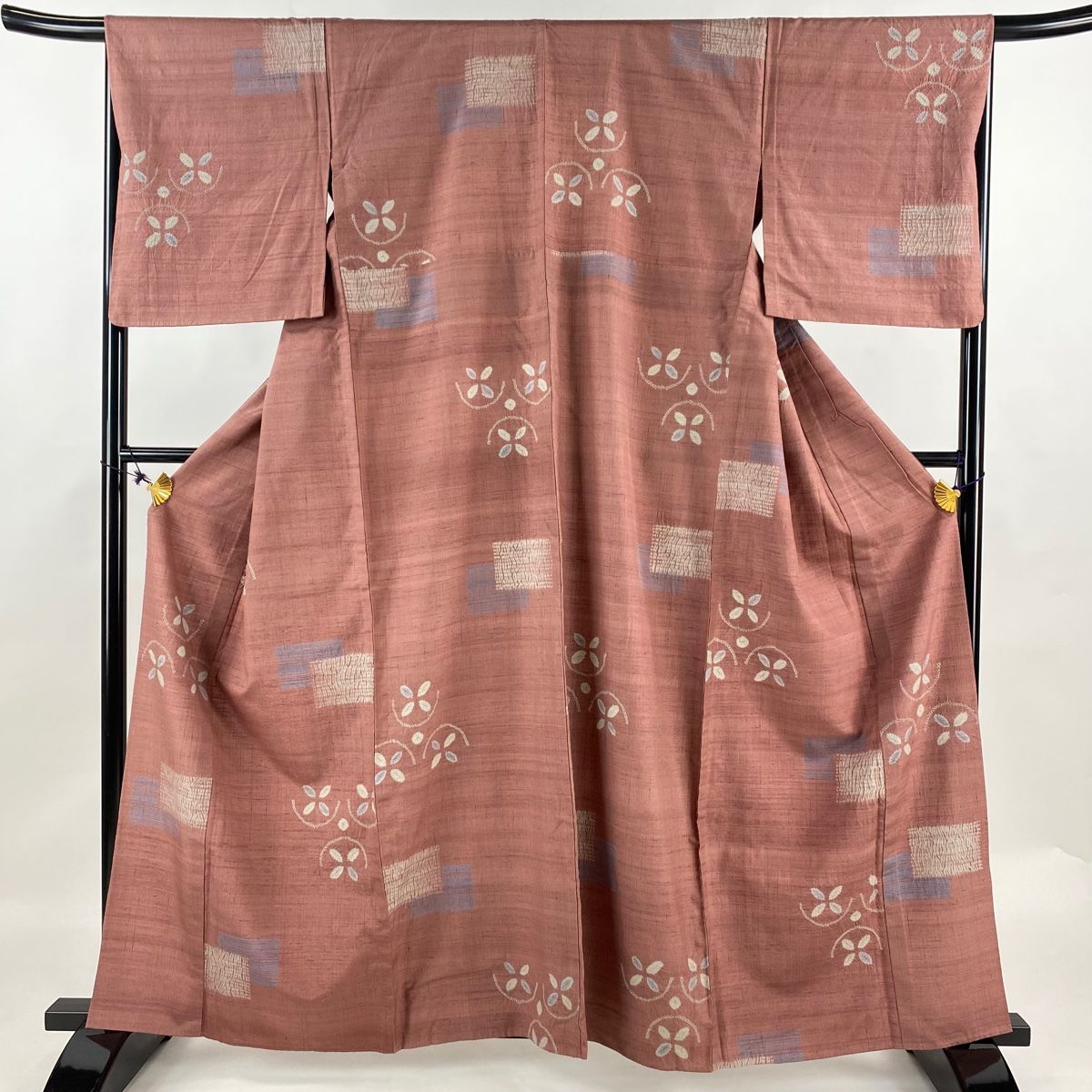 小紋 身丈161.5cm 裄丈66.5cm M 単衣 紬地 花 幾何学 絞り 赤茶 正絹