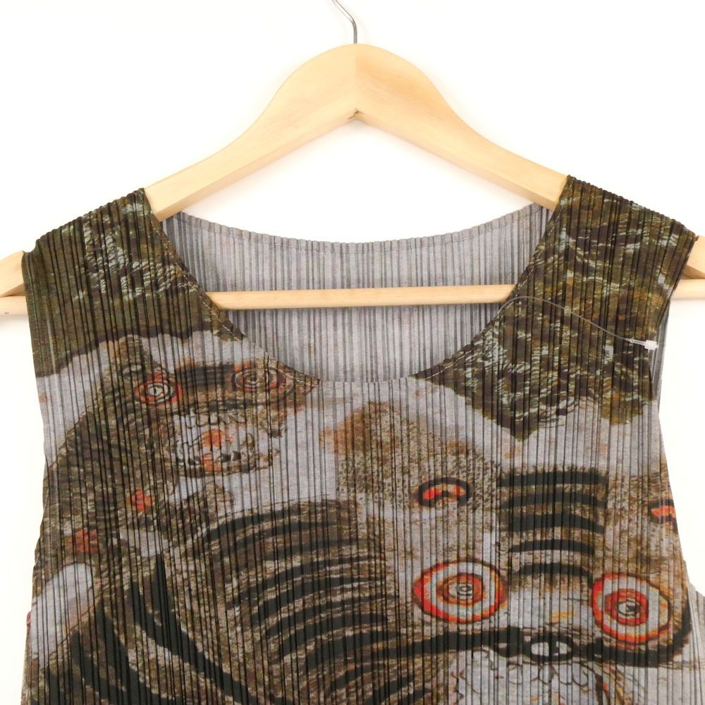  プリーツプリーズ イッセイミヤケ Tiger Cat Korean Fork Art Minwa Dress PP 83-JH 719 ロング丈ノースリーブブラウス 3 レディース ノースリーブ シャツ ブラウス