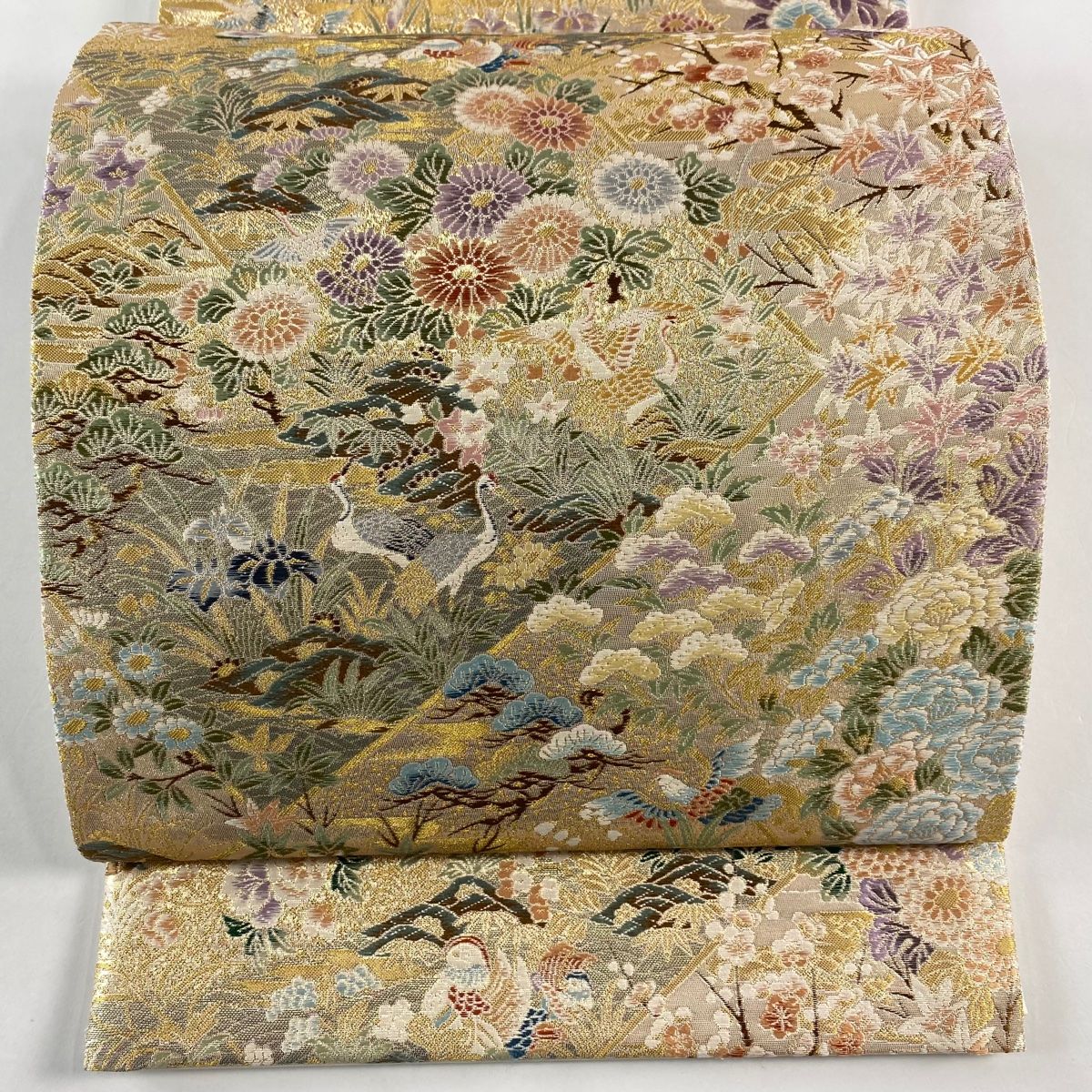 美品】 袋帯 秀品 招宴花鳥文様 松竹梅 金糸 箔 金色 六通 正絹 【中古