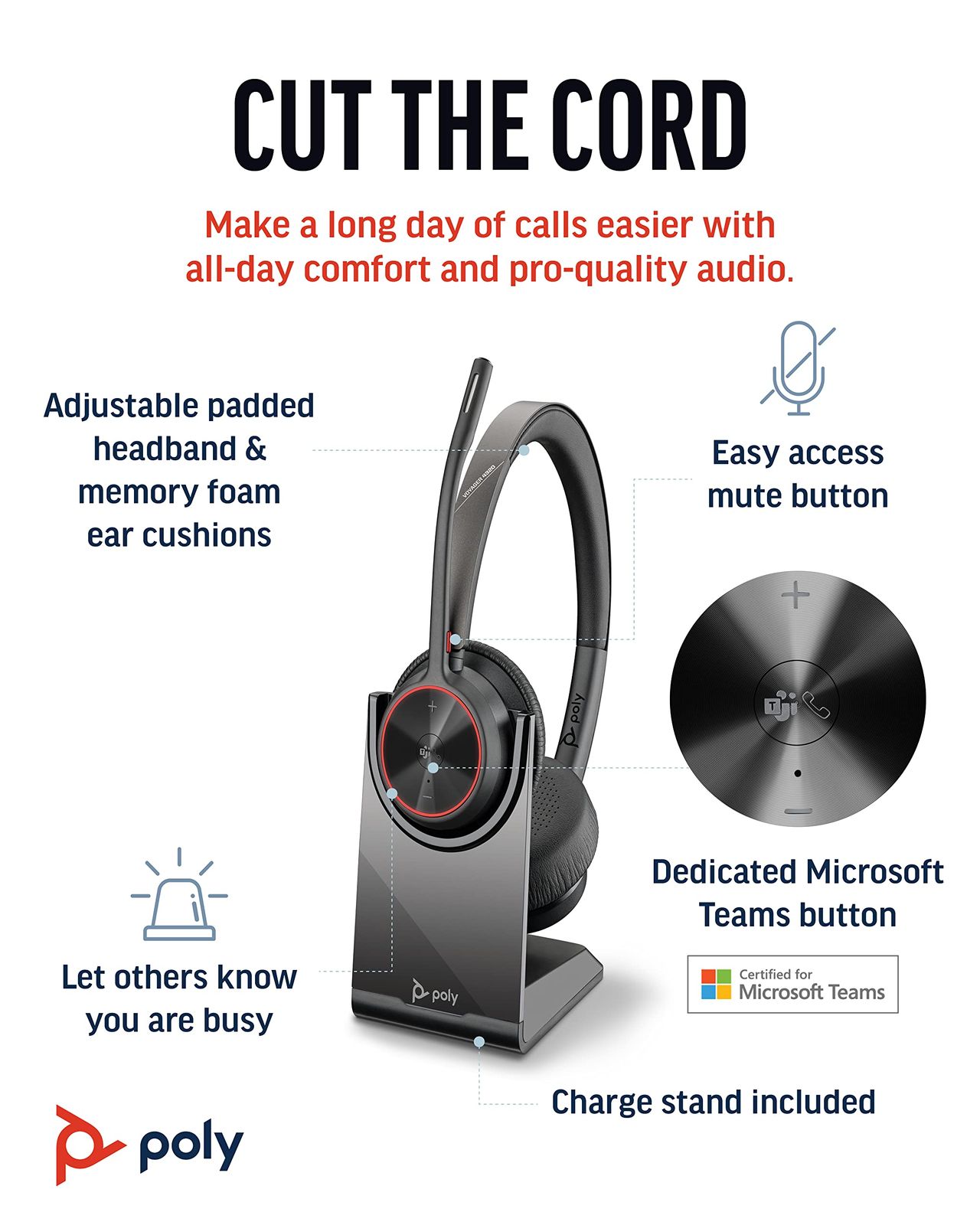 Poly Voyager 4320 UC ワイヤレス ヘッドセット - 充電スタンド ノイズキャンセル ブーム マイク付きステレオ ヘッドセット 連続使用時間24時 ブラック 両耳 充電スタンド付属 Bluetoothドングル付属 USB-A接続