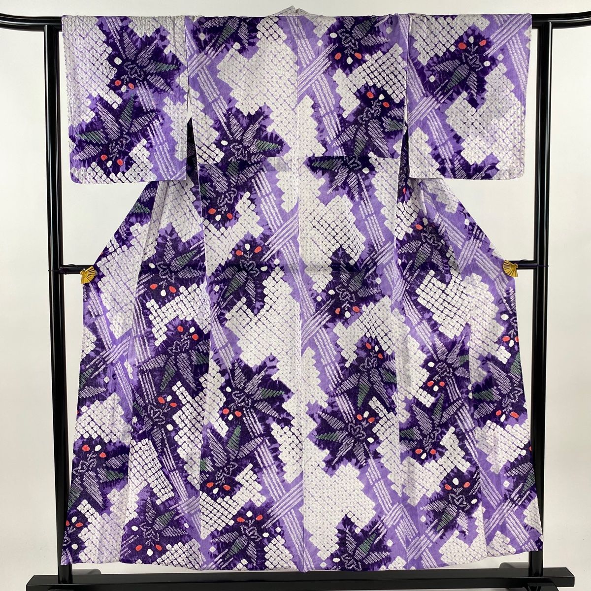 浴衣 身丈153cm 裄丈62.5cm S 絞り浴衣 花 幾何学模様 絞り 紫 綿 名品