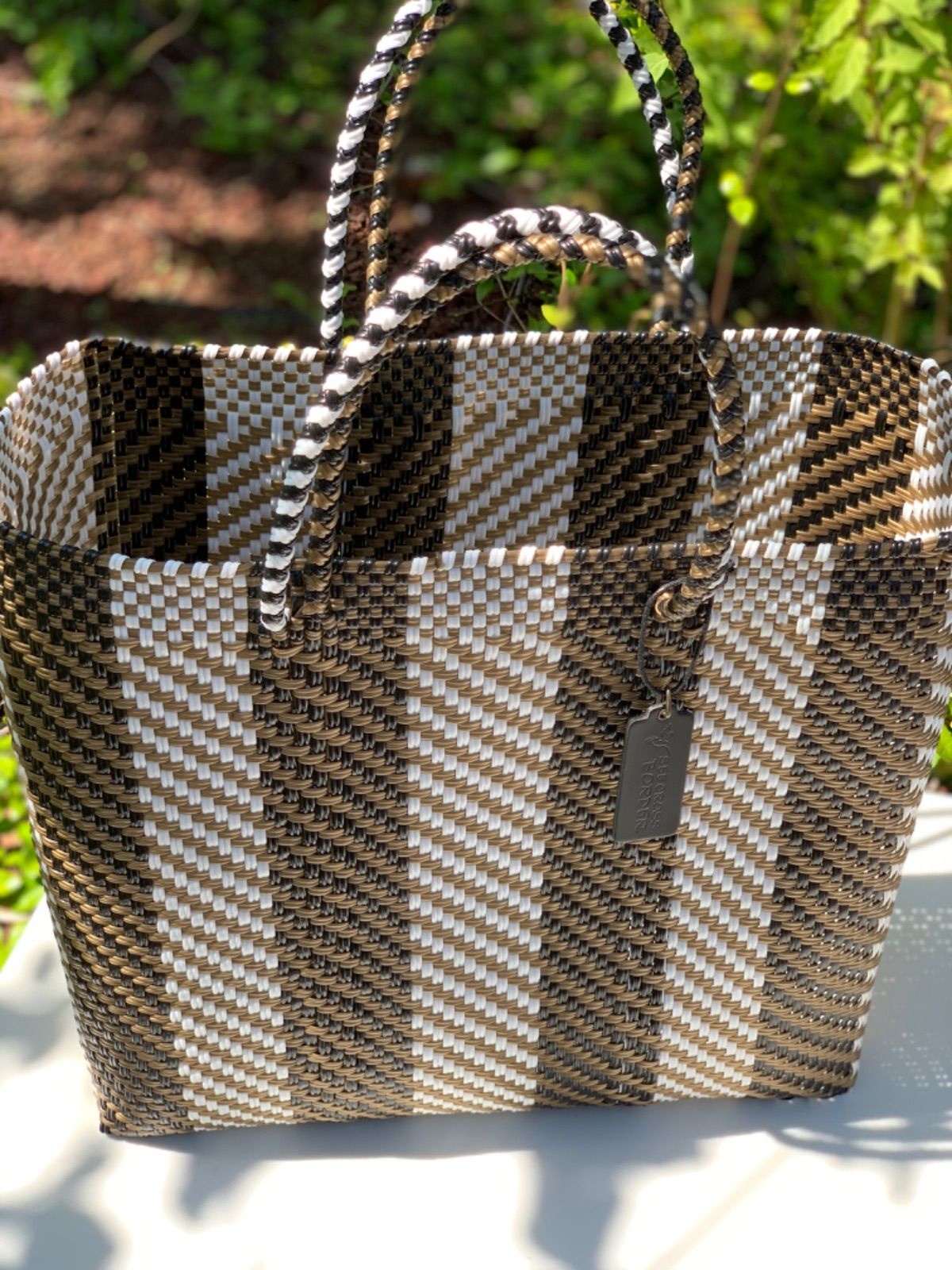 新品 大人気オアハカ産 メルカドバッグ メキシコ ホワイトブラウン M