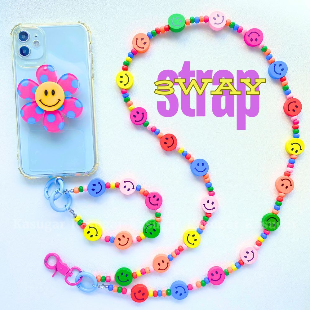 s-29】ビーズストラップ スマホ❁ニコちゃん カラフル 個性的 ゆめかわ原宿