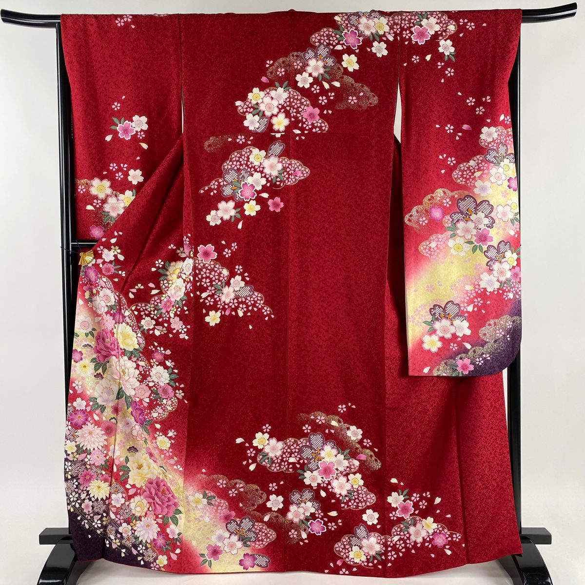 在庫一掃】 振袖 身丈167cm 裄丈66cm M 袷 草花 雲文 金通し ぼかし 赤  