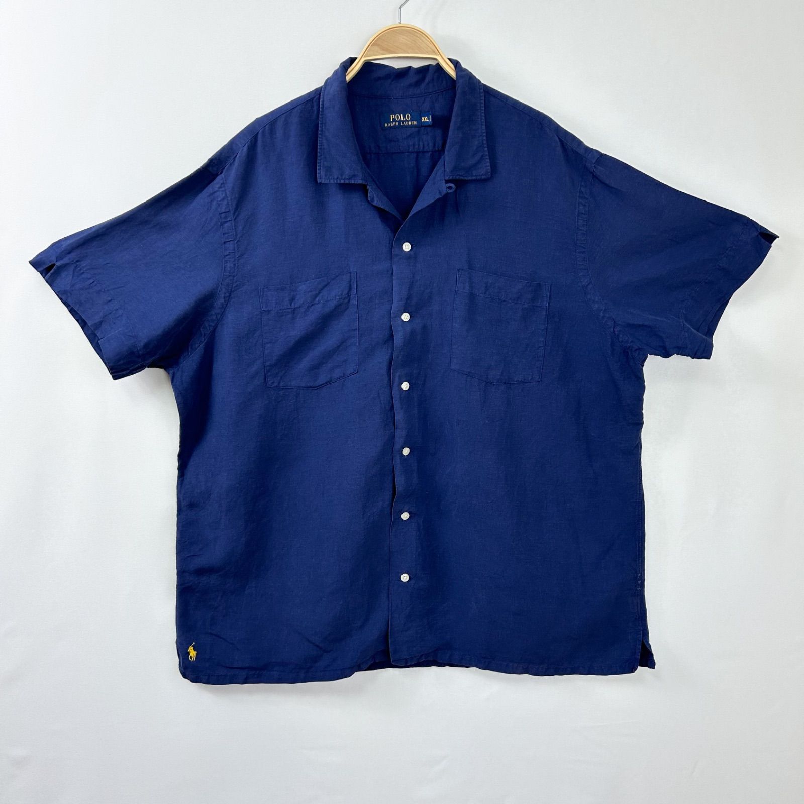 POLO Ralph Lauren ポロラルフローレン シルク リネン オープンカラー 開襟 開衿 半袖 シャツ 輸入古着 メンズ ネイビー 2XL  XXL【S68-3b】