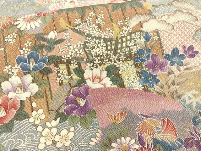 平和屋着物□上質な小紋 御所車屏風花鳥文 金彩 正絹 逸品 未
