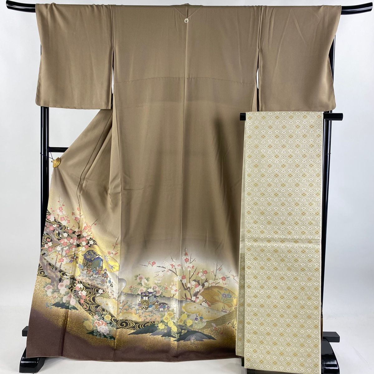 色留袖 身丈171cm 裄丈69cm L 袷 袋帯セット 琳派都大路図 御所車 金銀糸 ぼかし 灰茶 正絹 秀品 一つ紋