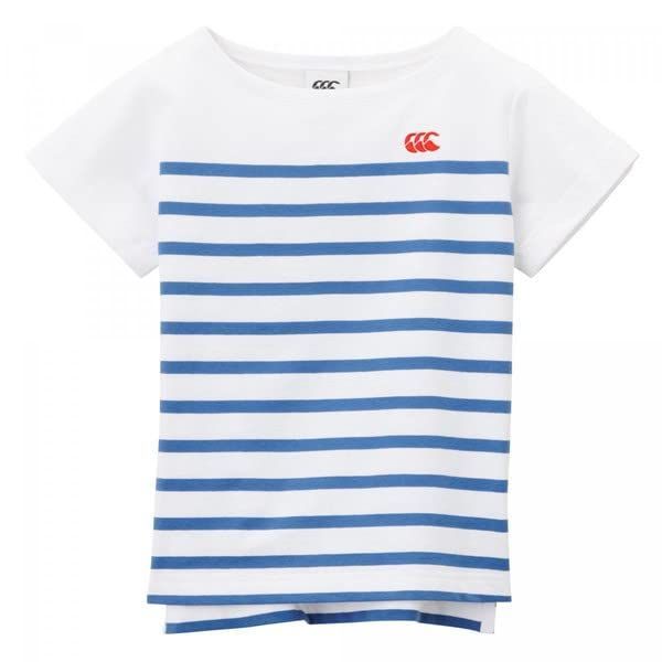 160 RegularY_リバーブルー [カンタベリー] Tシャツ KIDS S/S PANEL STRIPE SHIRT キッズショートスリーブパネルストライプシャツ リバーブルー 160