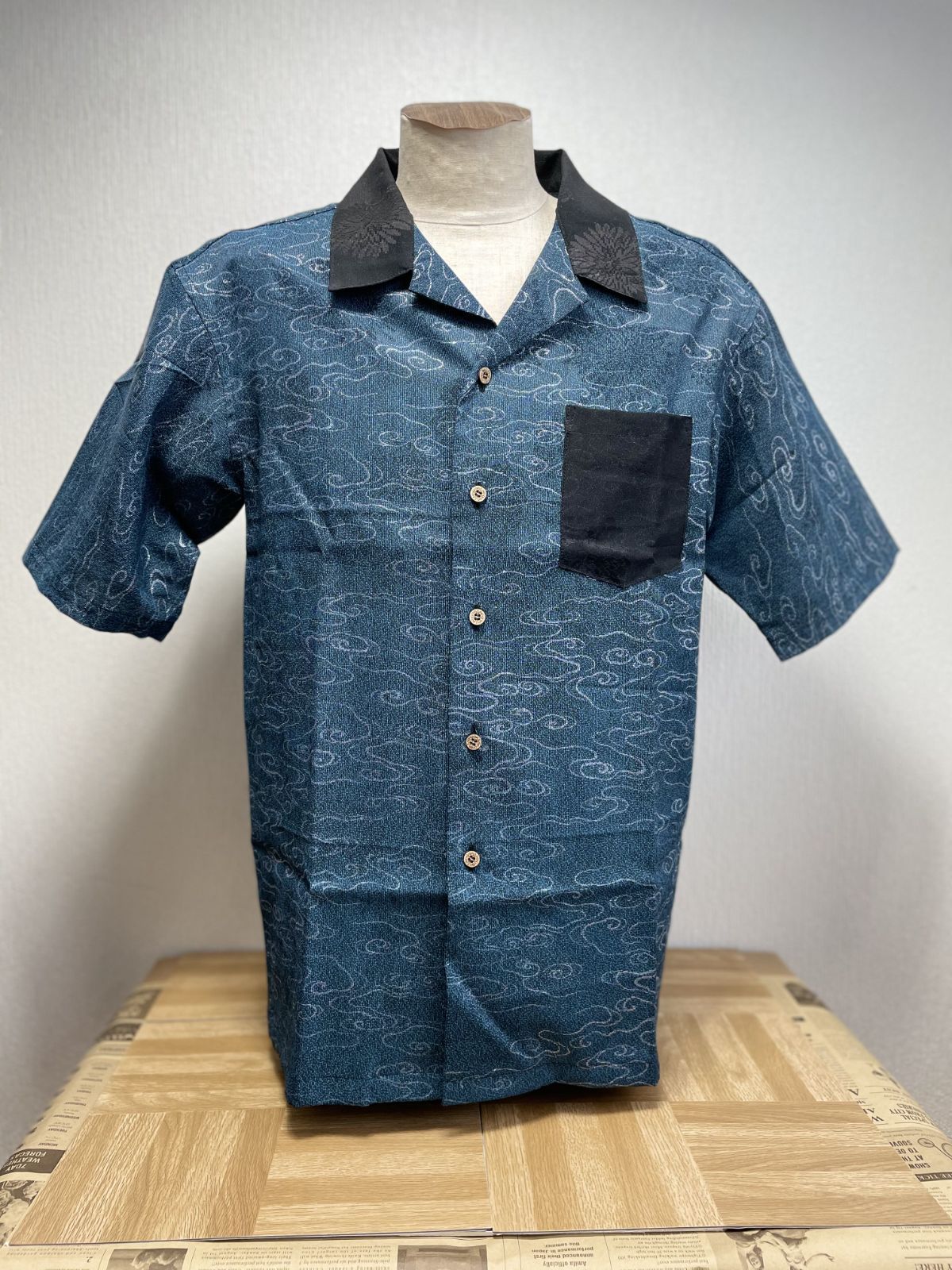 ＜試作品特価＞着物リメイクシャツ（メンズLサイズ）流水文の夏着物-1