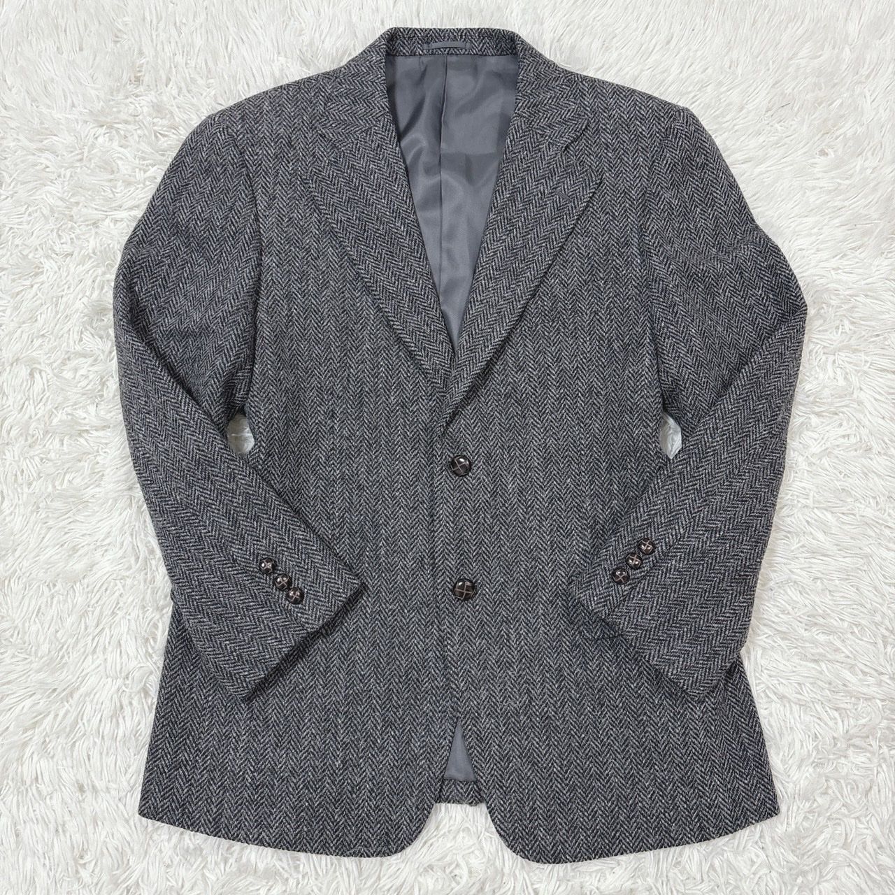 Harris Tweed ハリスツイード テーラードジャケット ヘリンボーン くるみボタン グレー M相当 ウール 秋冬 メンズ