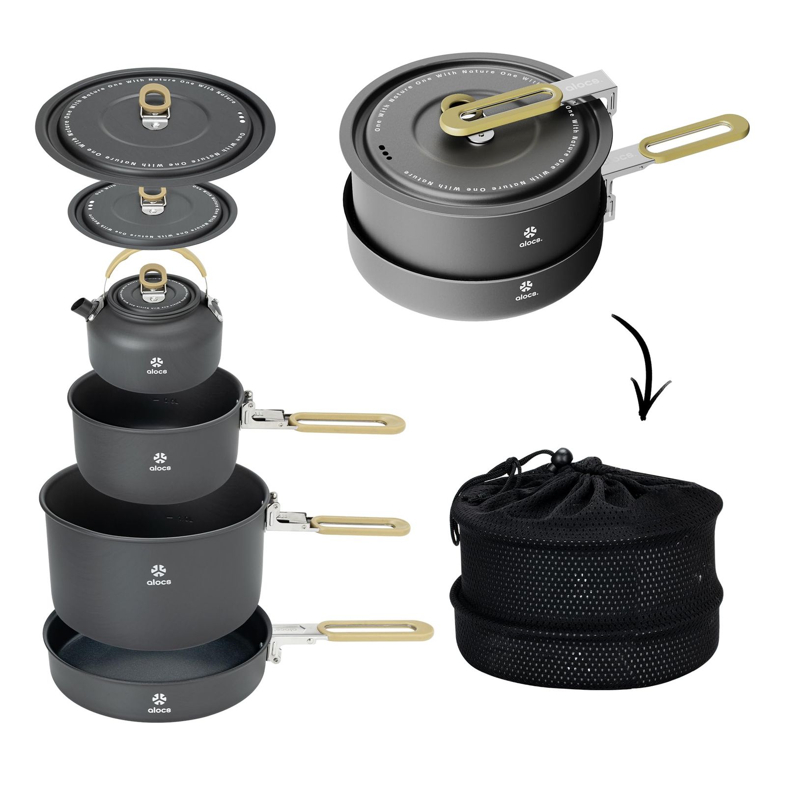 大 鍋 折り畳み式キャンプ アウトドア ケトル キャンプ用調理器具 登山用品 アルミクッカー 4pcs 軽量クッカーセット 収納袋付き Alocs 2-4人に適応