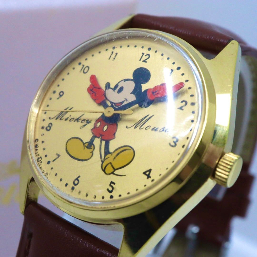稼働品 ディズニー ミッキーマウス 腕時計 メンズ 手巻き 5000-6030 ゴールド文字盤 ブラウンレザーベルト ビンテージ アンティーク レトロ クラシック キャラクターウォッチ クリーニング済 G