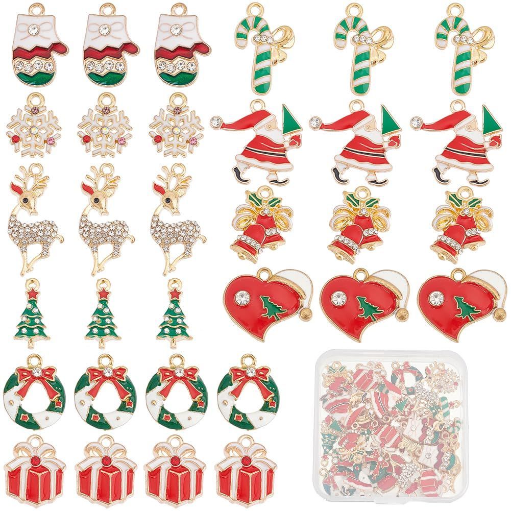 SUNNYCLUE 40個10種 クリスマス チャーム サンタクロース チャーム 雪だるま パーツ 心 ピアス 雪の華 イヤリング 鈴 ネックレス クリスマス プレゼント ブレスレット サンタ帽 キーホルダー ヘ