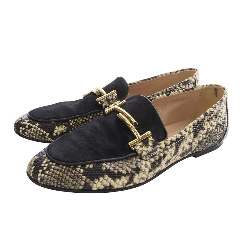 トッズ TOD S パイソン型押し ハラコ ローファー 切替 37.5 24.5-25cm アイボリー 黒