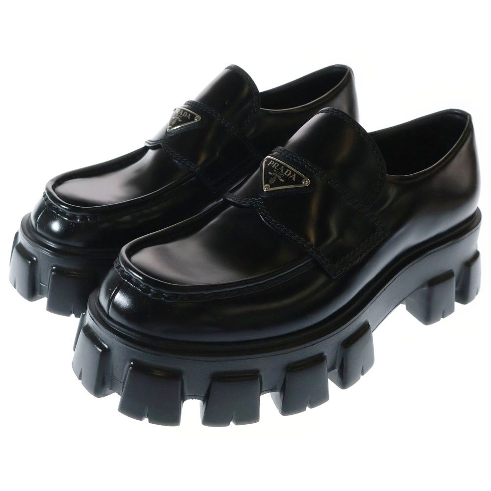 PRADA プラダ モノリス トライアングルロゴプレート ブラッシュドレザー 厚底 ローカットシューズ ローファー ブラック 2DE129