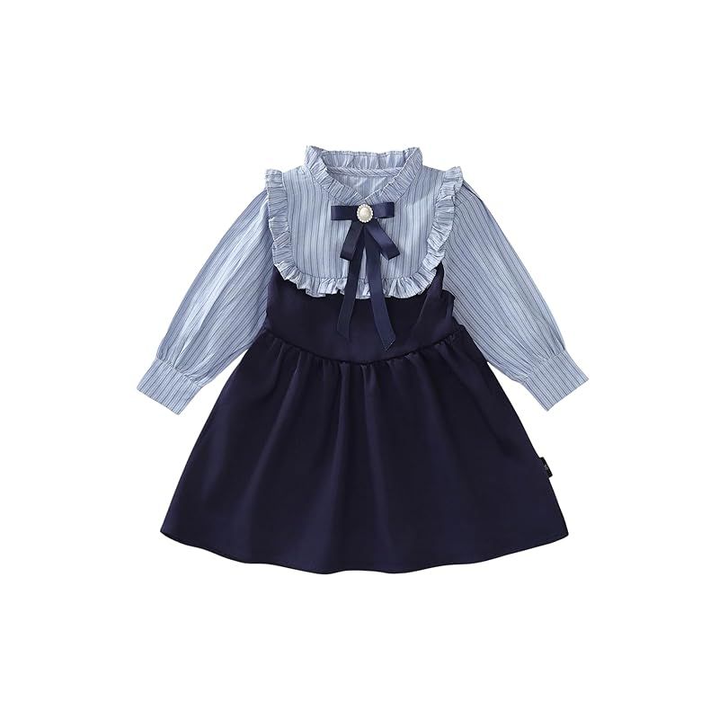 セール，新品 【新品】 [EnDast] ネイビー 90cm 女の子 ワンピース 長袖 プリーツ フォーマル ピアノ 発表会 結婚式 ドレス風 ブラウス切替 リボン付き パールボタン 上品 きれいめ 韓国子供服 0 ワンピース