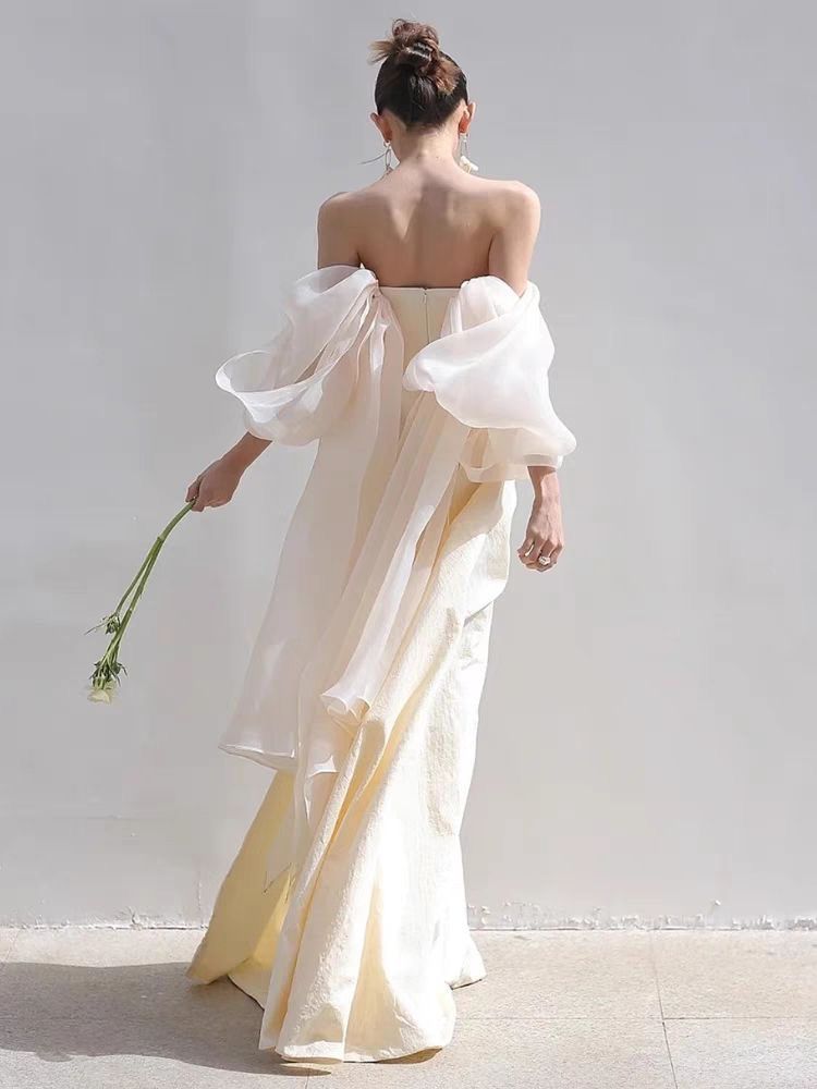 ウェディングドレス　サテン　前撮り　ロケーション撮影　オフショルダー　マーメイド ウェディングドレス マーメイドドレス 白 サテン オフショルダー