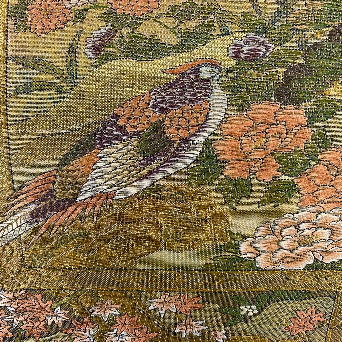 袋帯 秀品 花鳥 風景 箔 金色 全通 正絹