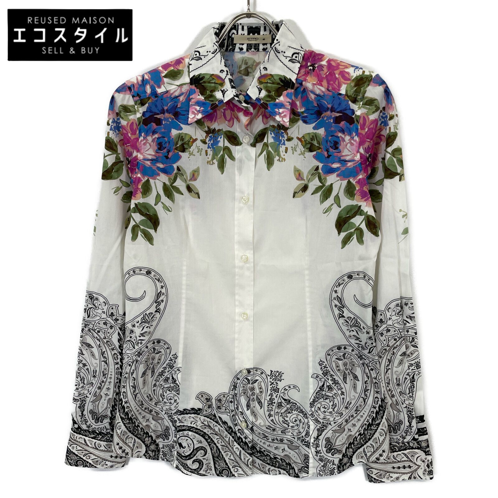 ETRO エトロ ﾎﾜｲﾄ 13年 花柄×ﾍﾟｲｽﾞﾘｰ L S ｼｬﾂ 40