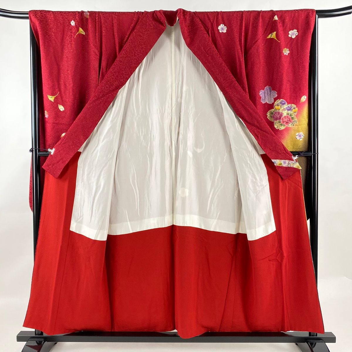 振袖 身丈154.5cm 裄丈70.5cm L 袷 鞠 草花 金彩 金通し 赤 正絹 名品  
