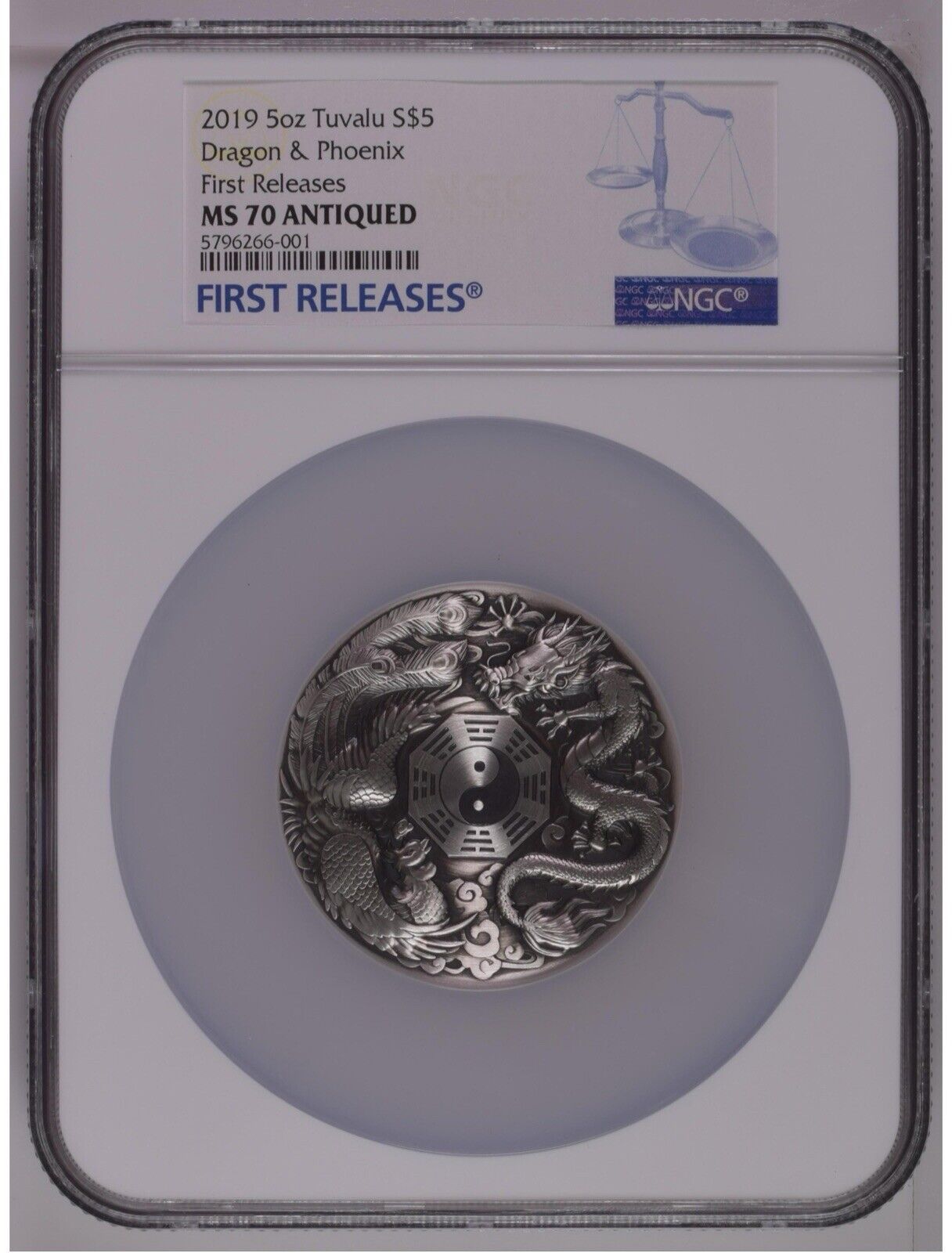 NGC MS70 FR 2019 Tuvalu 5oz dragon phoenix Bagua silver coin COA Sign??呈祥