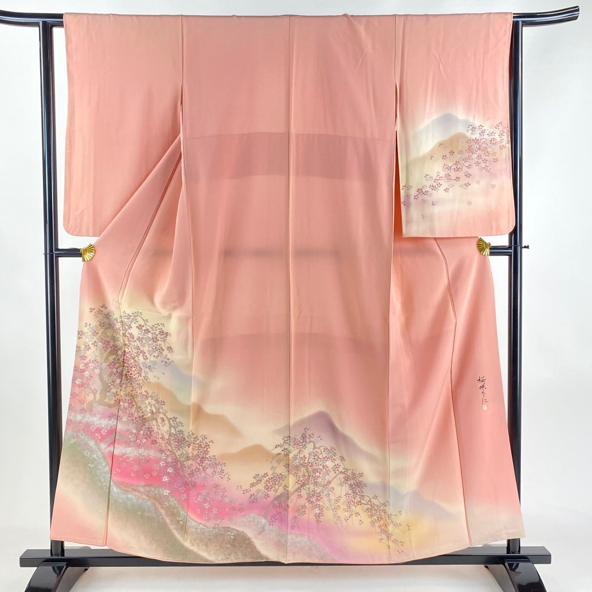 訪問着 身丈155cm 裄丈61.5cm S 袷 竹久夢二 落款 枝垂れ桜 遠山 金銀彩 ピンク 正絹 名品