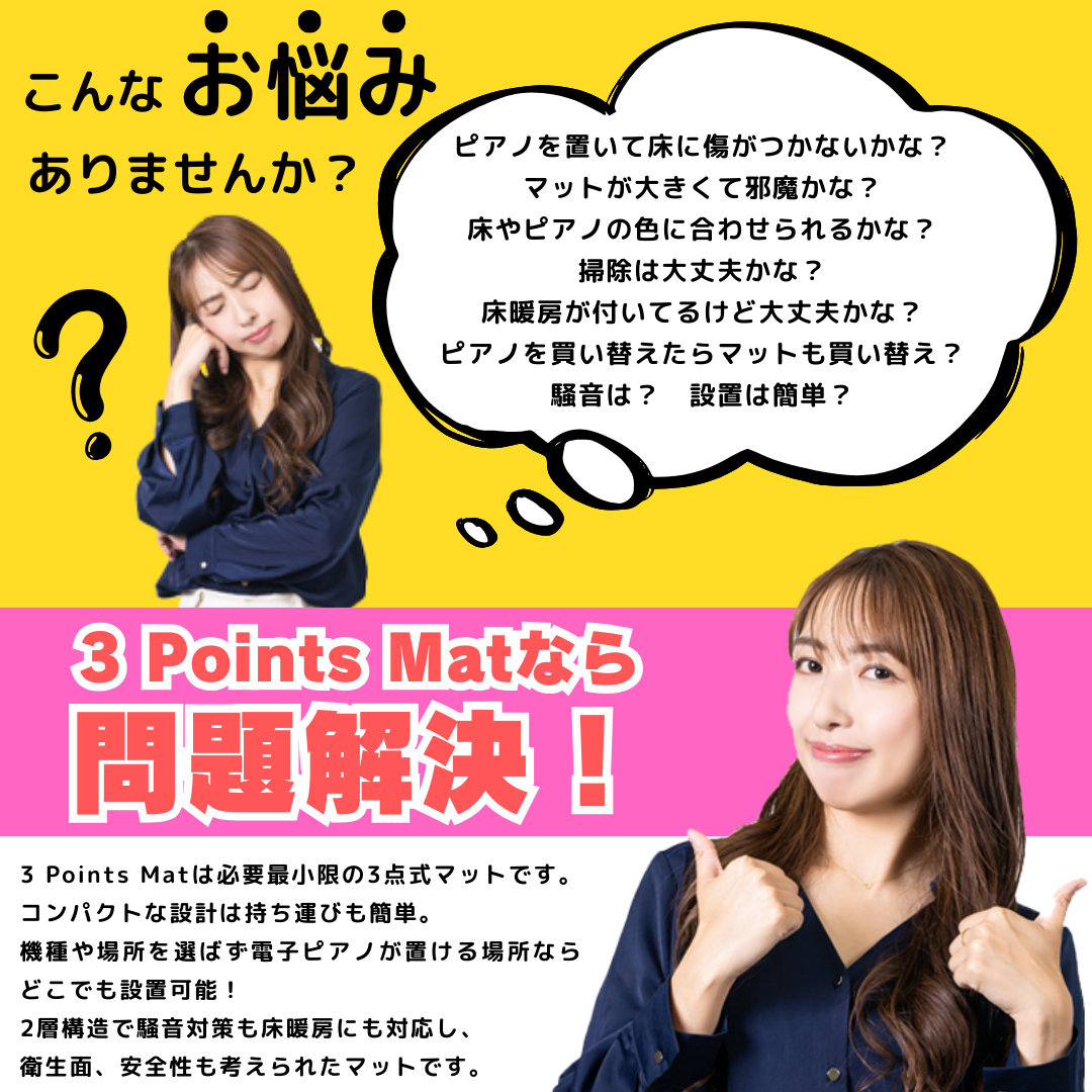 最短当日発送！3 Points Mat （3ポイント・マット）電子ピアノ用マット | 防音・防振・防傷 電子ピアノ専用に開発されたピアノマット。ヤマハ・カワイ・ローランド・カシオ・コルグなど多くのメーカーの電子ピアノに対応