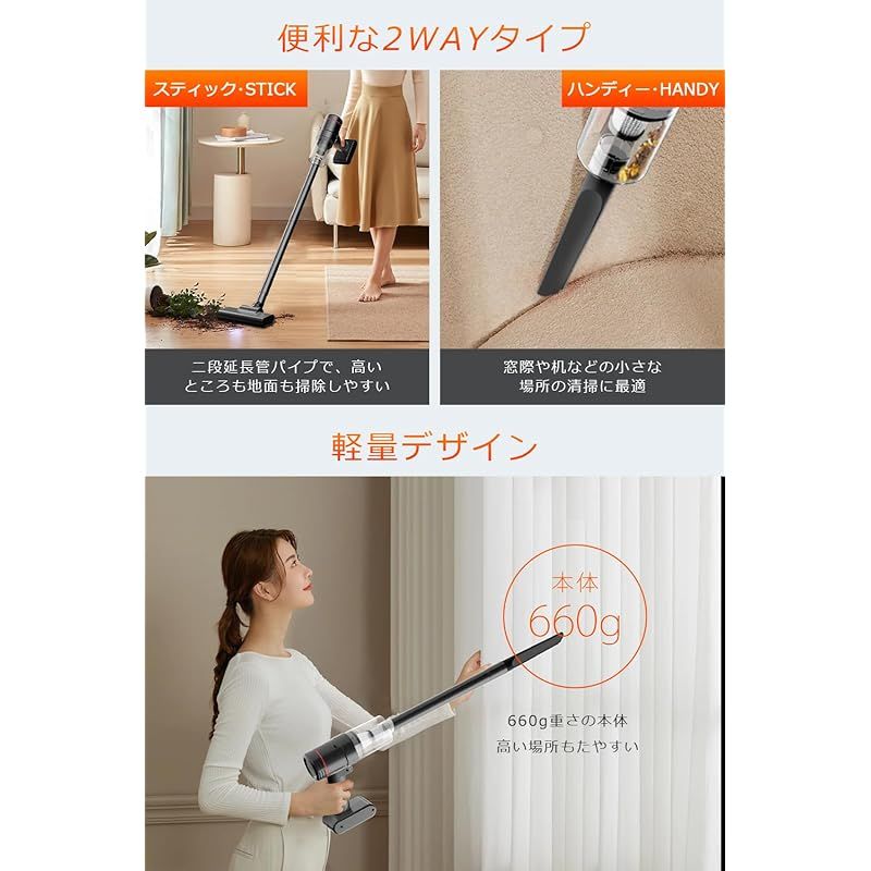 掃除機コードレス【2024夏モデル&15000pa超強力吸引&0.6kg超軽量