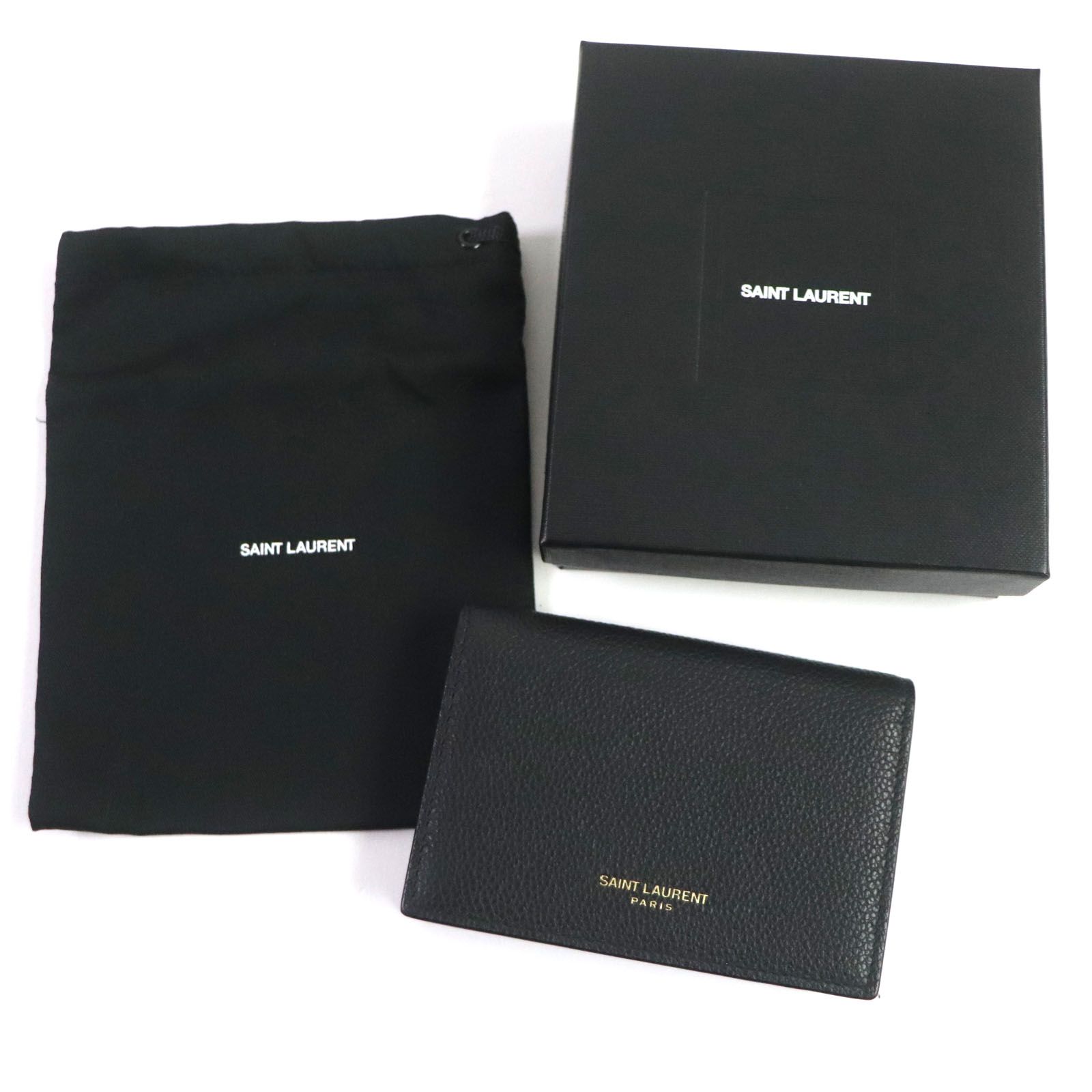 未使用品▼SAINT LAURENT PARIS サンローランパリ 468994 グレインレザー ロゴ入り ビジネス 2つ折り カードケース 名刺入れ  パスケース ブラック ゴールド金具 箱・保存袋付き イタリア製 メンズ