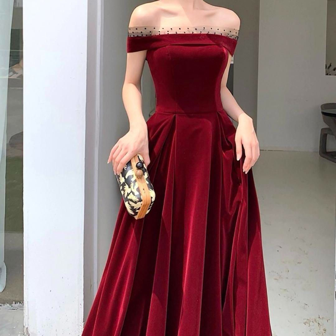 ドットのレースがオシャレ オフショル ロングイブニングドレス ドットのレースがオシャレ オフショル ロングイブニングドレス