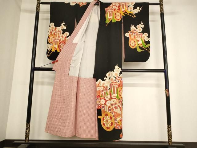 平和屋着物∵女の子 十三参り 子供 祝着 長襦袢 無双仕立て セット 駒刺繍 御所車梅文 黒地 金彩 ja