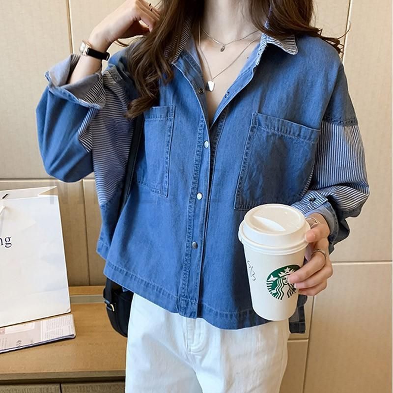 デニム風シャツ レディース 異素材切替 シャツブラウス カジュアル 長袖シャツ 春服 胸ポケット トップス 羽織り おしゃれ デニム風シャツ レディース 異素材切替 シャツブラウス