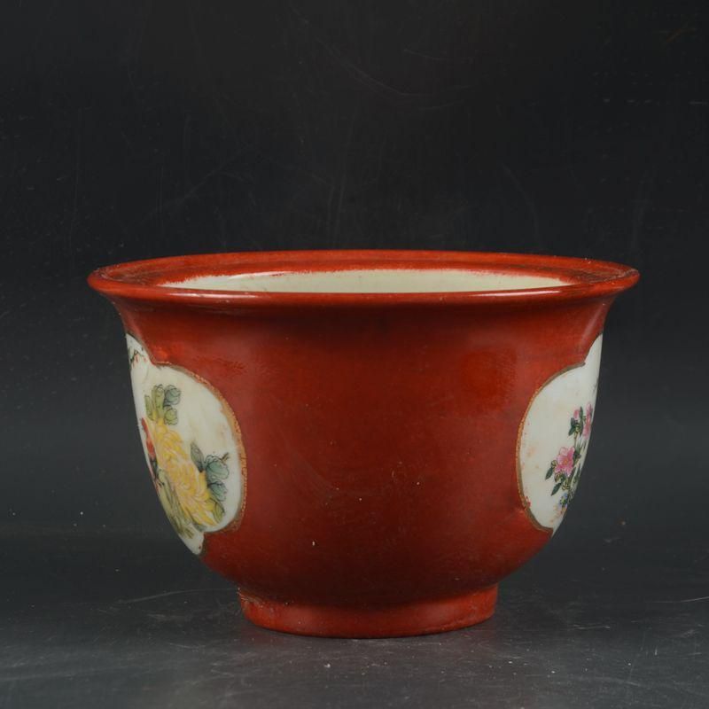 景徳鎮 沙紅開窓仙鶴花鳥図菖蒲鉢 花鉢 大盆栽 小盆栽 景徳鎮 沙紅開窓仙鶴花鳥図菖蒲鉢 花鉢 大盆栽