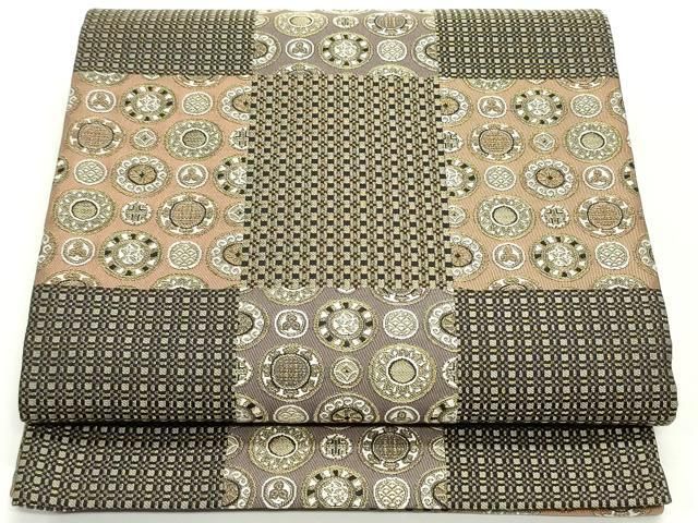 平和屋着物●両面　六通柄袋帯　変わり市松正倉院文　金糸　正絹　逸品　未使用　DAAV9282ob 平和屋着物○両面 六通柄袋帯 変わり市松正倉院文 金糸