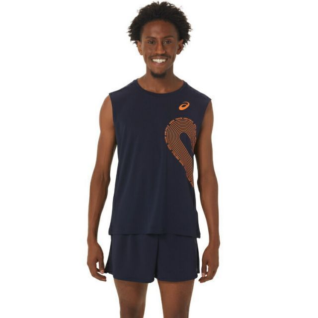 asics アシックス MEN TRACK GRAPHIC SLEEVEL ミッドナイト S 2091A602 400 | スポーツ スポーツウェア ランニングウェア 陸上 マラソン ジョギング ノースリーブシャツ スリーブレス タンクトップ 袖なし 