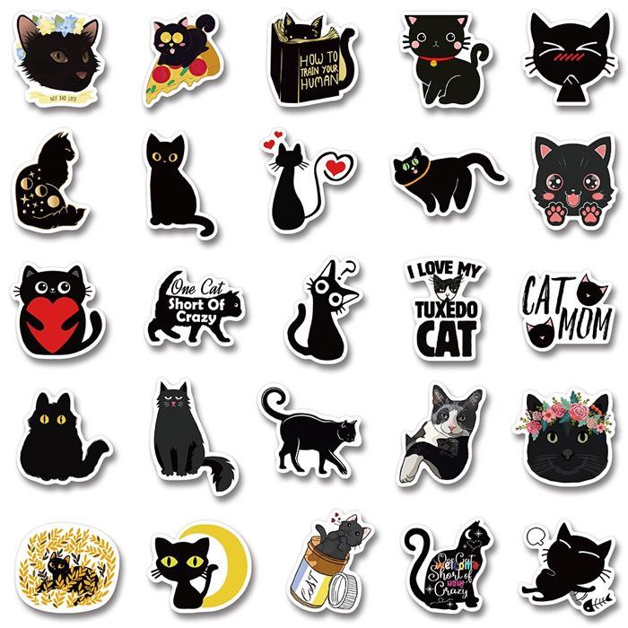 100枚 ステッカー 猫 黒猫 ネコ イラスト 防水 耐水 シール 詰め合わせ 1148