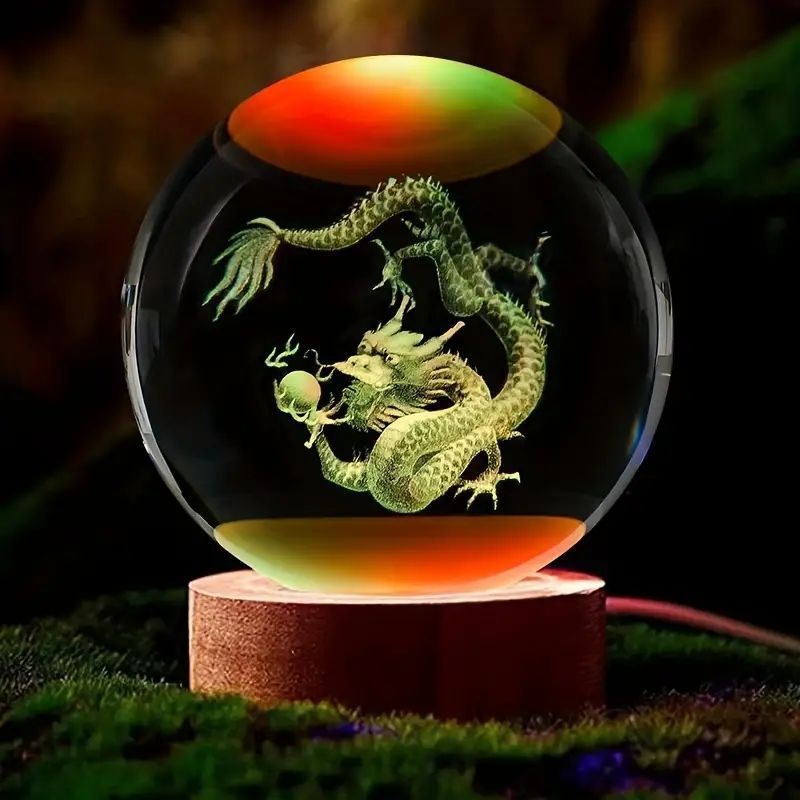 幻想的なドラゴンクリスタルボール - レーザー彫刻と木製ベース付きナイトライト、特別なギフトに最適
