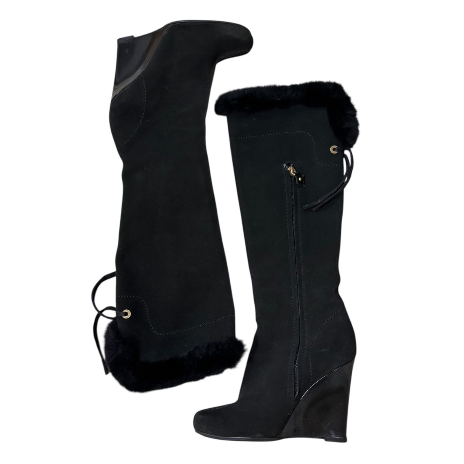 ルイヴィトン　ファー付きブラックスエードブーツ Z1563LOUIS VUITTON ルイヴィトン ロングブーツスエード ファー