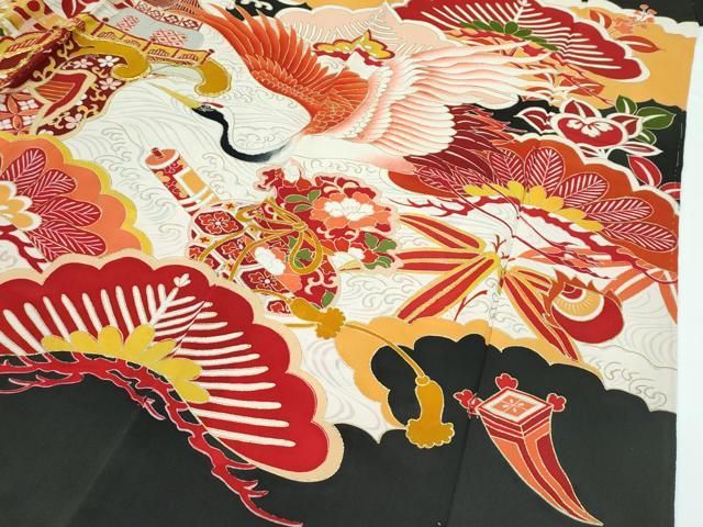 平和屋本店□極上 アンティーク 大正ロマン 振袖 駒刺繍 飛鶴風景花  